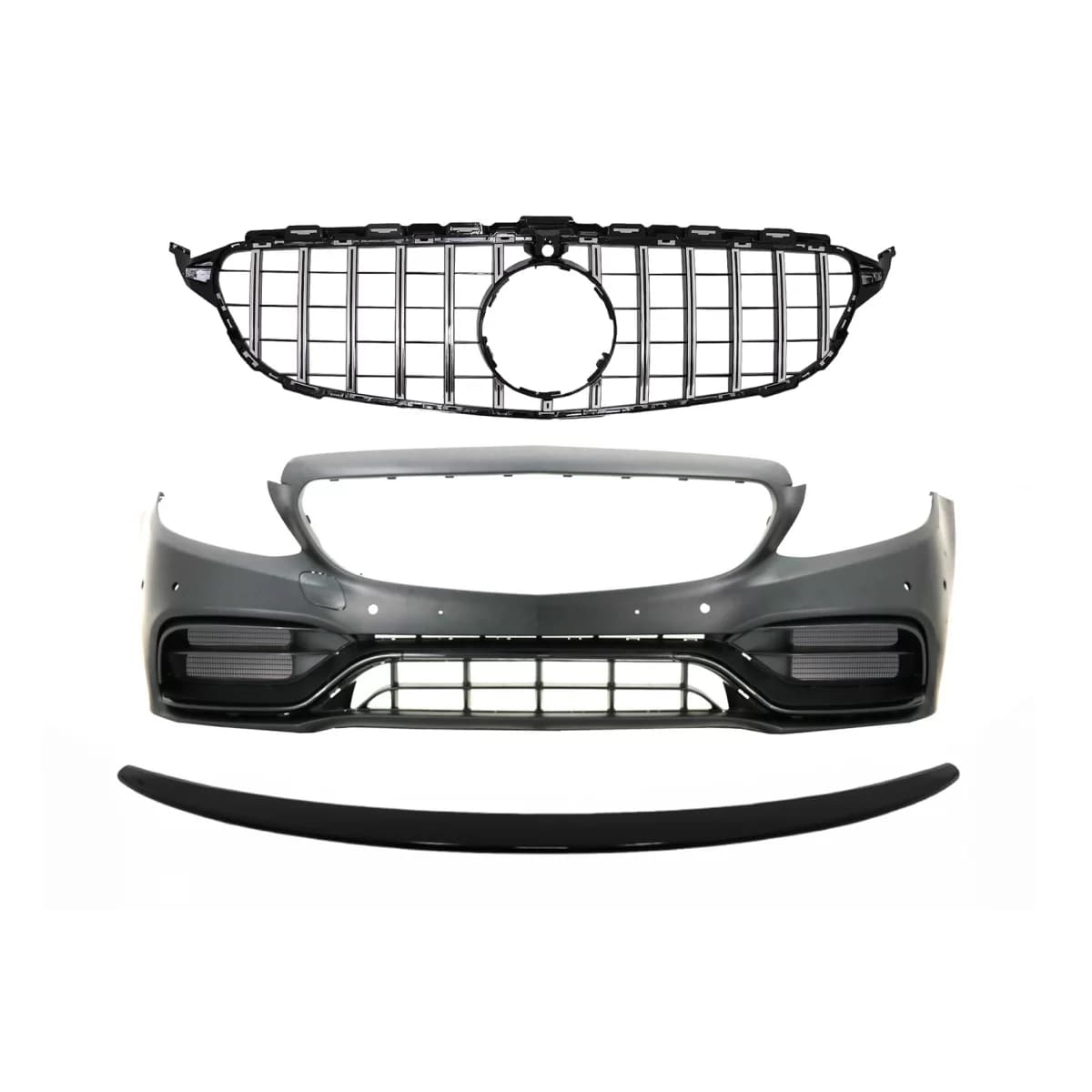 Front Bumper with Grille Chrome and Trunk Boot Spoiler Piano Black suitable for Mercedes C-Class C205 (2014-2018) C63 Design