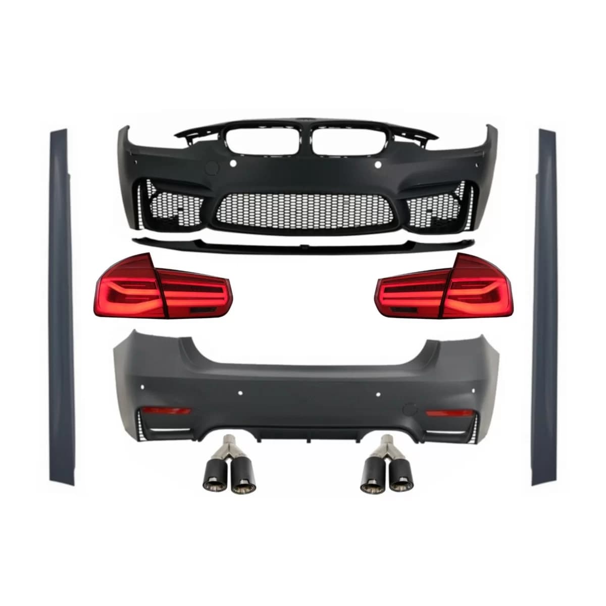 Body Kit with Dual Twin Exhaust Muffler Tips suitable for BMW F30 (2011-2019) and LED Taillights Dynamic Sequential Turning Light EVO II M3 CS Style Without Fog Lamps