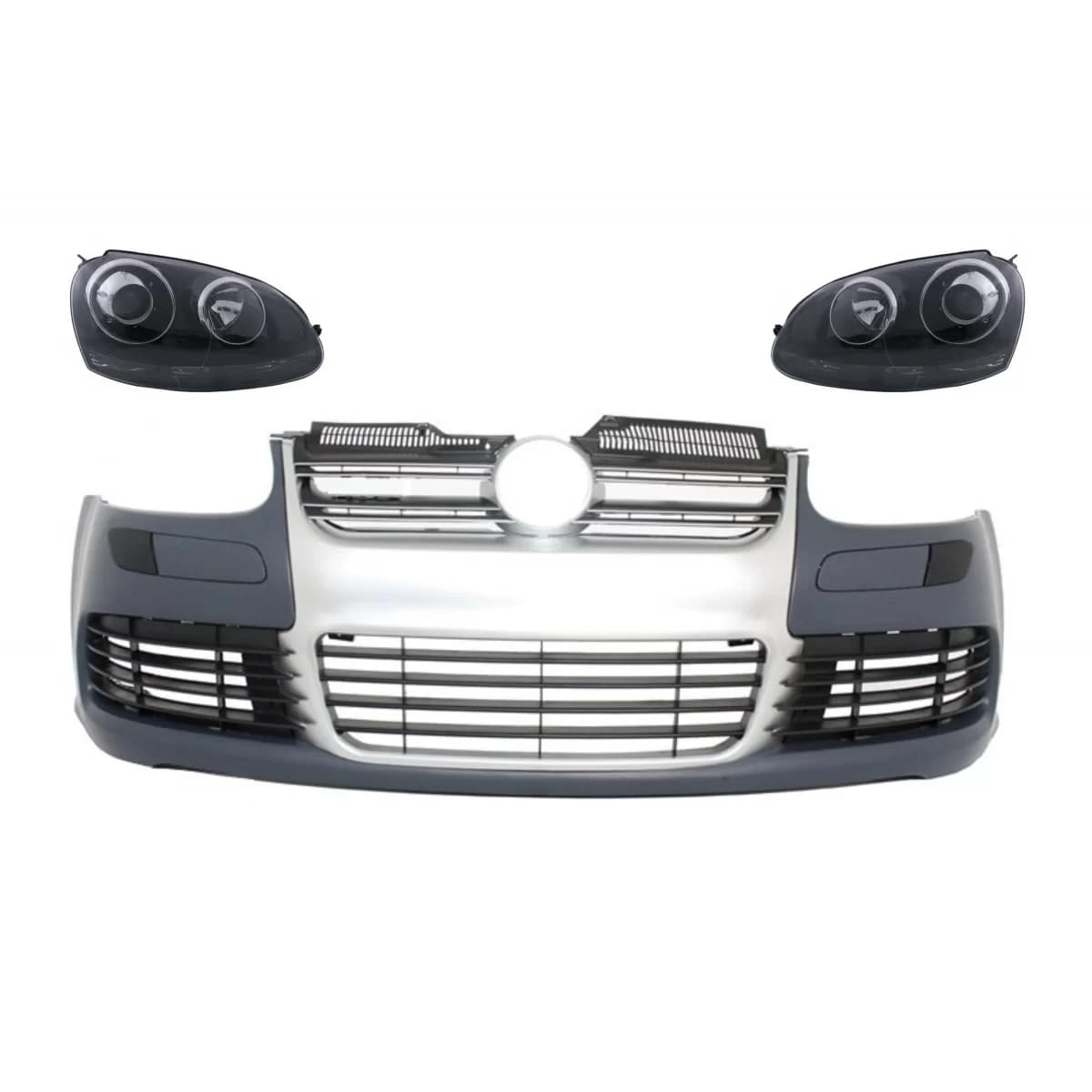 Front Bumper with Headlights suitable for VW Golf V 5 (2003-2007) Jetta (2005-2010) R32 Look Brushed Aluminium Look Grille