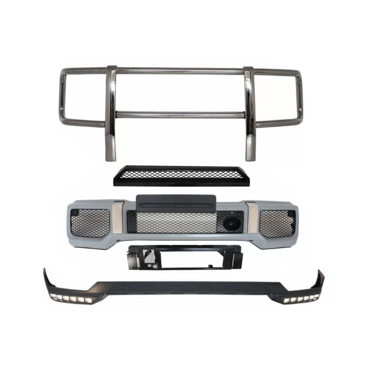 Front Bumper with Spoiler LED DRL Upper Spoiler Lip and BullBar suitable for Mercedes G-Class W463 (1989-2017) G65 Design