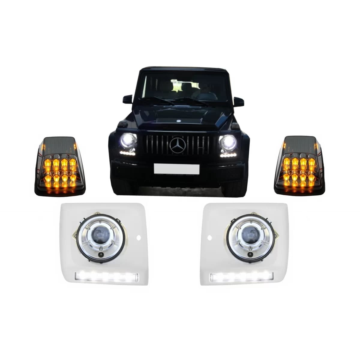 Headlights Covers with LED DRL Daytime Running Lights suitable for Mercedes G-Class W463 (1989-2012) with Headlights Chrome and Turning Lights G65 Design