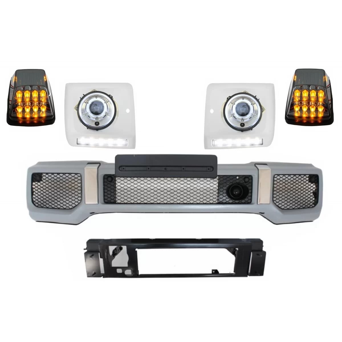 Front Bumper with Headlights Covers LED DRL suitable for Mercedes G-Class W463 (1989-up) Headlights Chrome and Turning Lights G65 Design