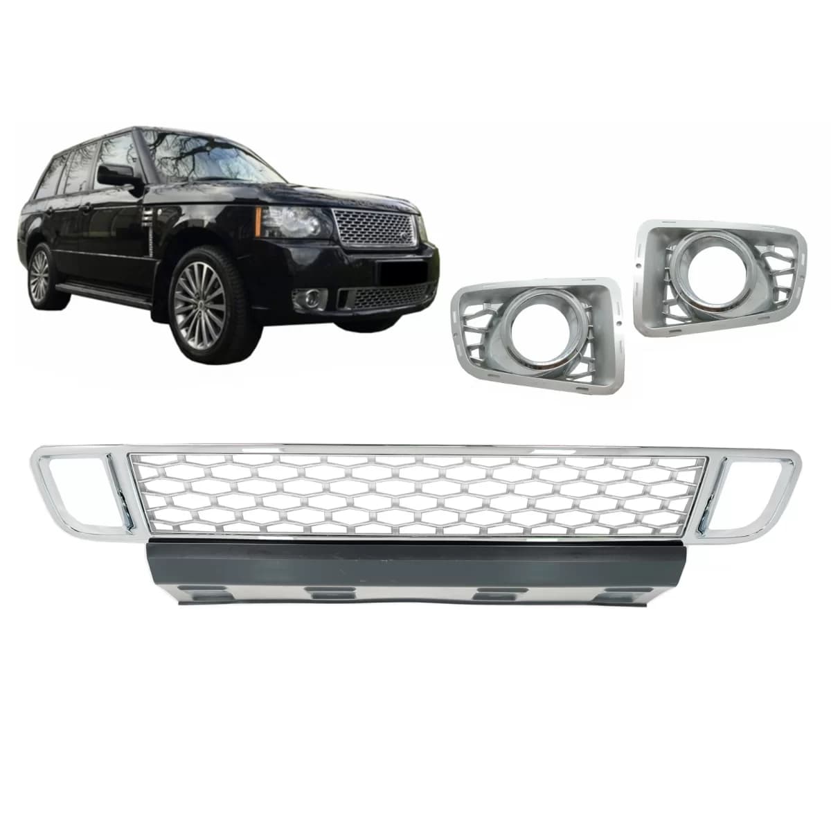 Front Bumper Lower Grille with Fog Lamp Covers suitable for Land Range Rover Vogue III L322 (2010-2012) Autobiography Design Chrome