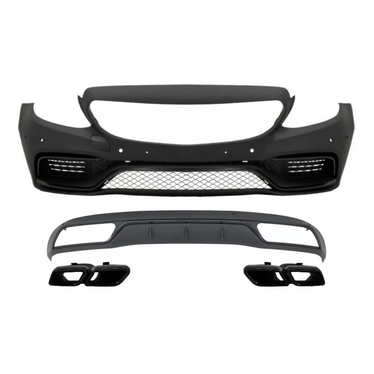 Front Bumper Diffuser with Muffler Tips Black suitable for Mercedes C-Class W205 S205 (2014-2018) C63 Design