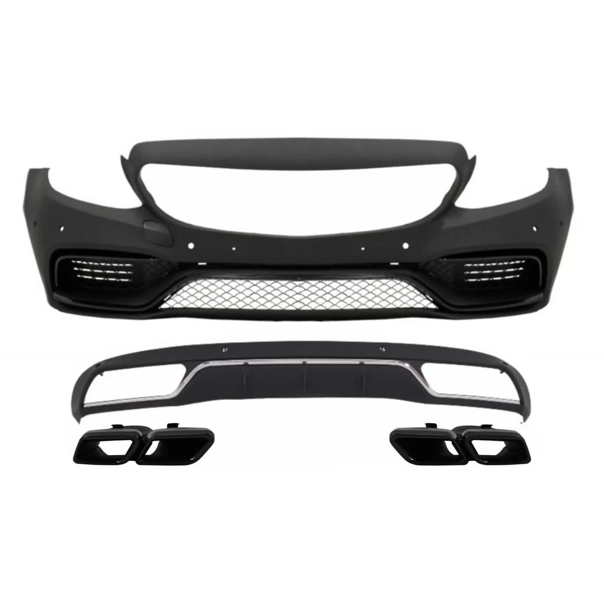 Front Bumper without central grille and Diffuser with Muffler Tips Black suitable for Mercedes C-Class W205 S205 (2014-2018) C63 Design