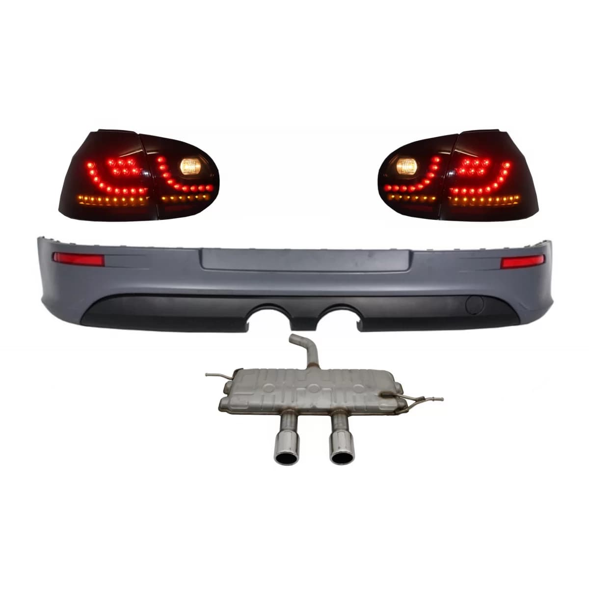 Rear Bumper Extension with Taillights LED Smoke Black and Complet Exhaust System suitable for VW Golf 5 V (2003-2007) R32 Look