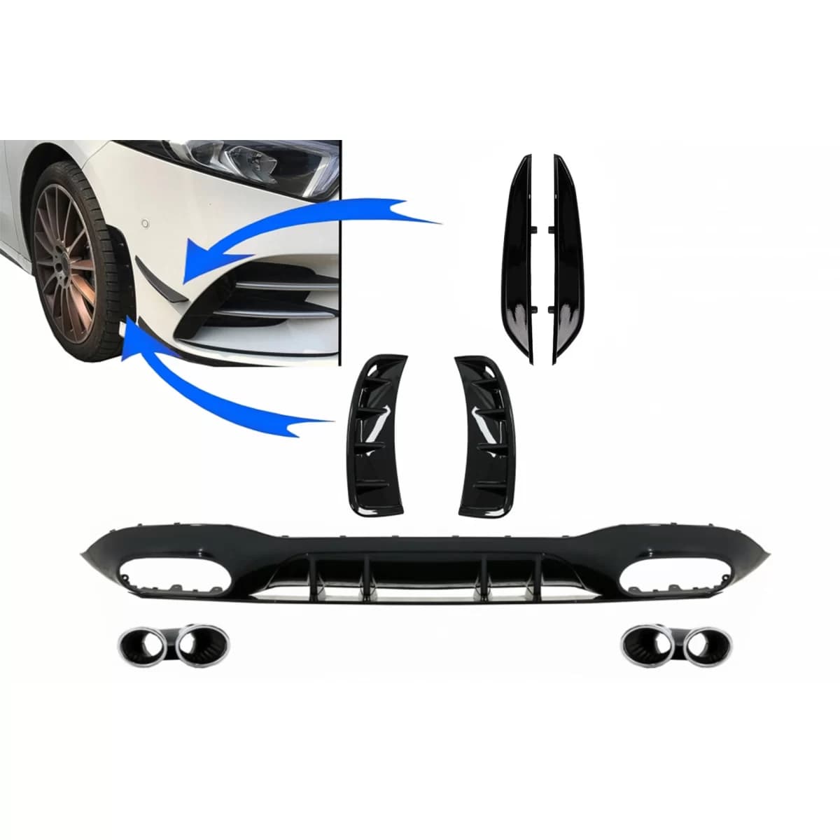 Rear Diffuser with Front Side Vents and Flaps Side Fins suitable for Mercedes A-Class V177 Sedan (2018-2022) Chrome Exhaust
