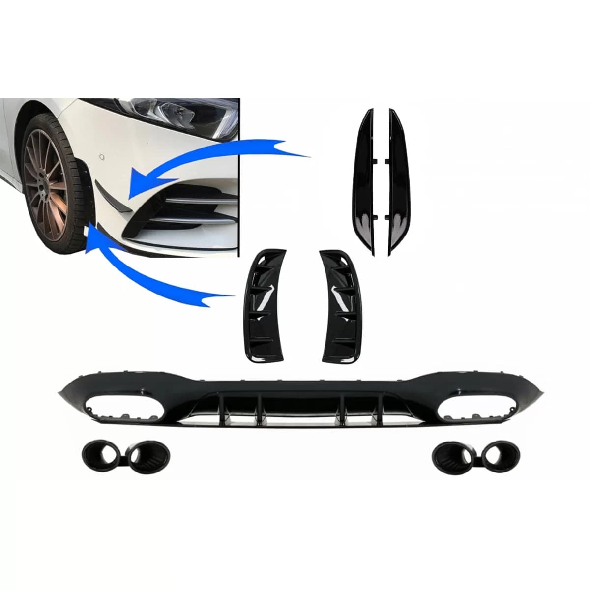 Rear Diffuser with Front Side Vents and Flaps Side Fins suitable for Mercedes A-Class V177 Sedan (2018-2022) Black Exhaust