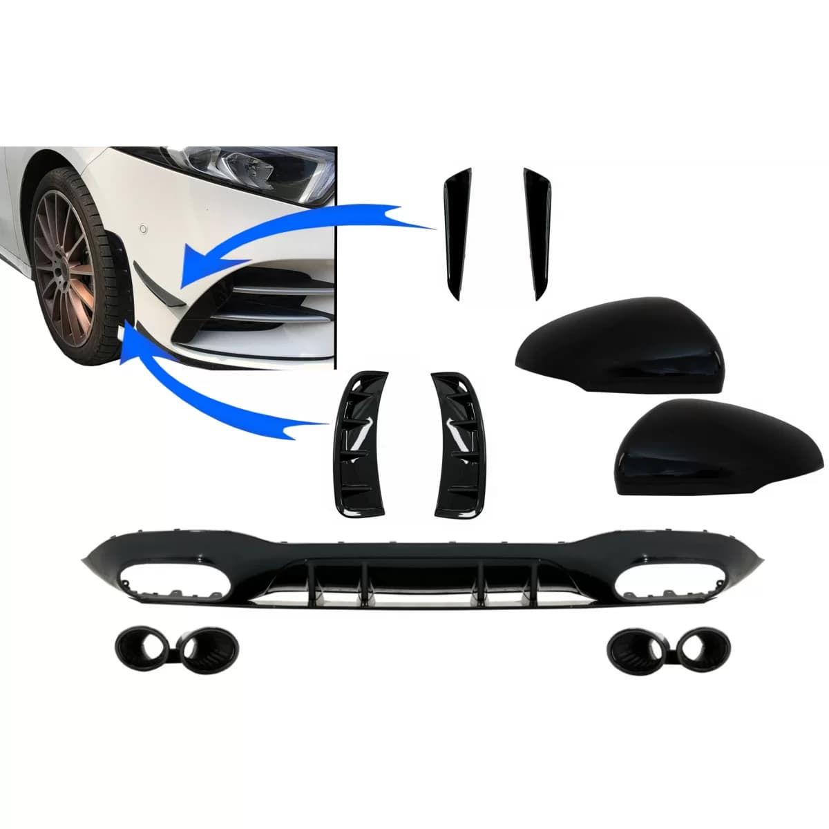 Rear Diffuser with Front Side Vents and Flaps Side Fins & Mirror Cover suitable for Mercedes A-Class V177 Sedan (2018-2022) Black Exhaust