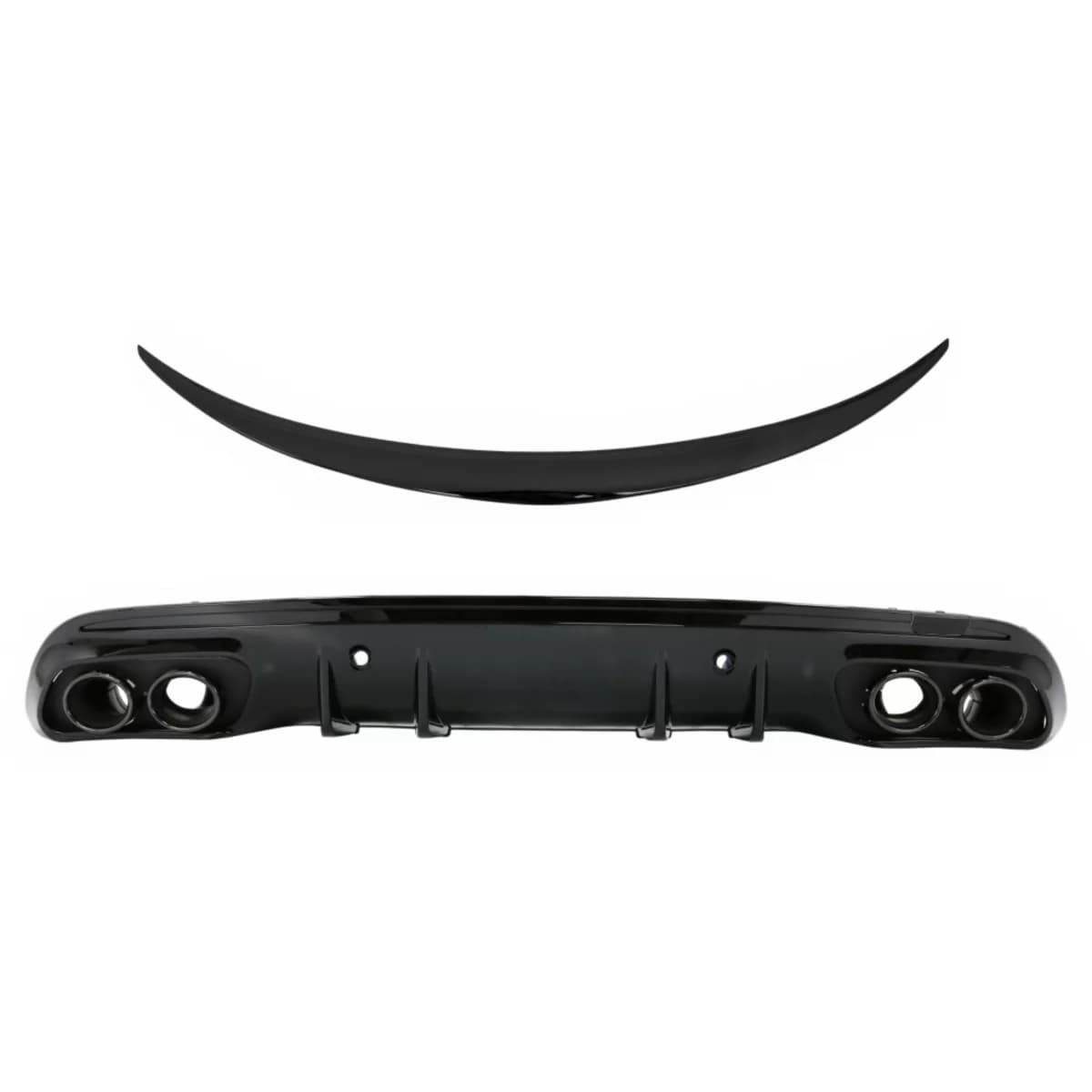Rear Bumper Diffuser with Exhaust Muffler Tips suitable for Mercedes C-Class W205 (2014-2020) and Trunk Spoiler Piano Black