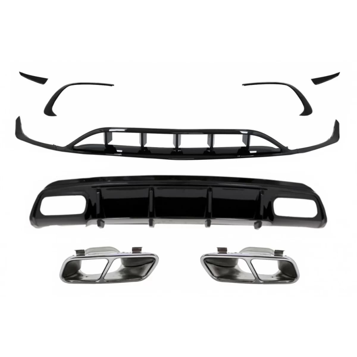 Rear Diffuser Black Edition with Muffler Tips suitable for Mercedes A-Class W176 (2015-2018) and Front Bumper Splitters Fins Aero A45 Facelift Design