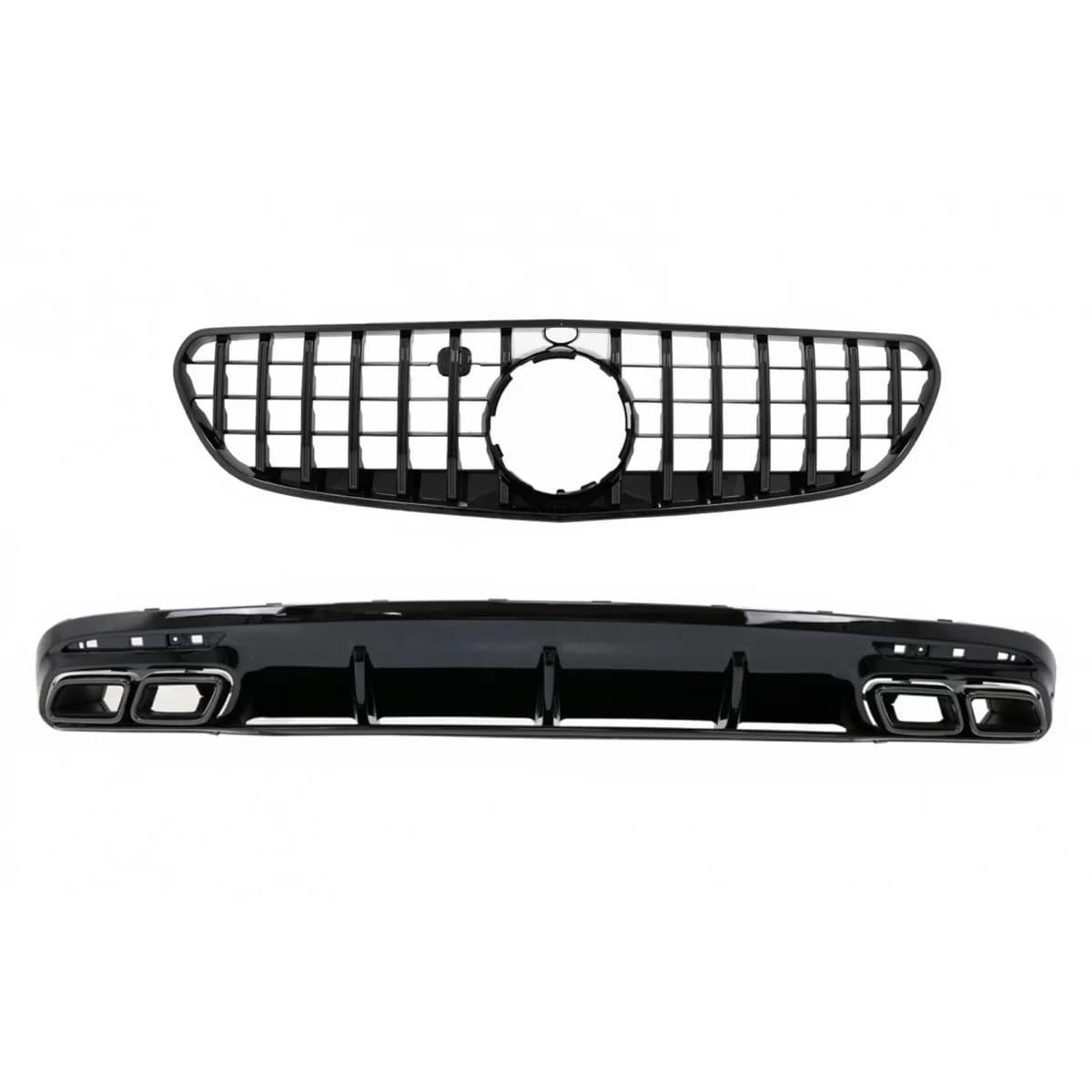 Rear Bumper Air Diffuser with Black Muffler Tips suitable for Mercedes S-Class C217 Coupe A217 Cabrio (2018-2020) and Central Grille S63 Facelift Design