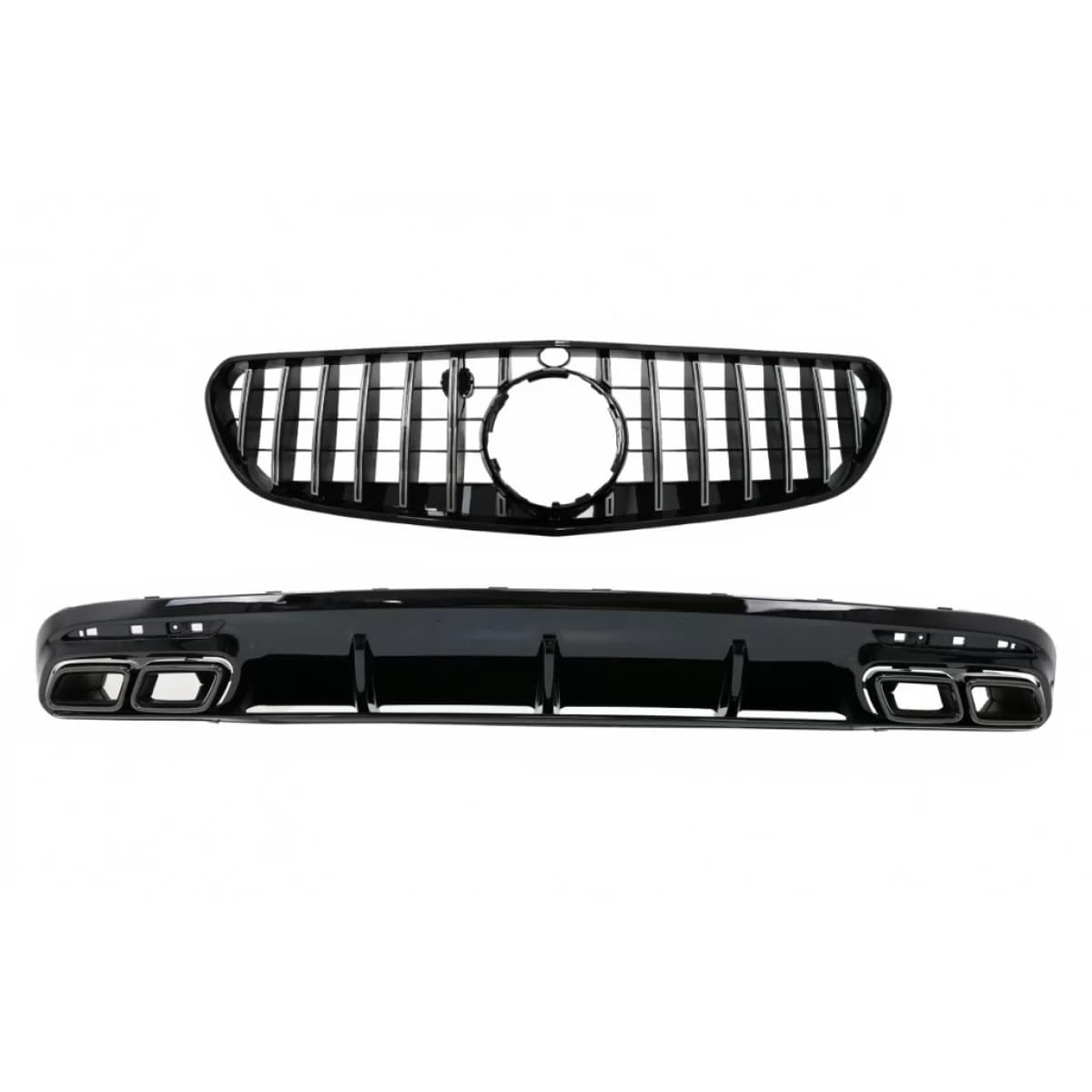 Rear Bumper Air Diffuser with Black Muffler Tips suitable for Mercedes S-Class C217 Coupe A217 Cabrio (2018-2020) and Central Grille S63 Facelift Design