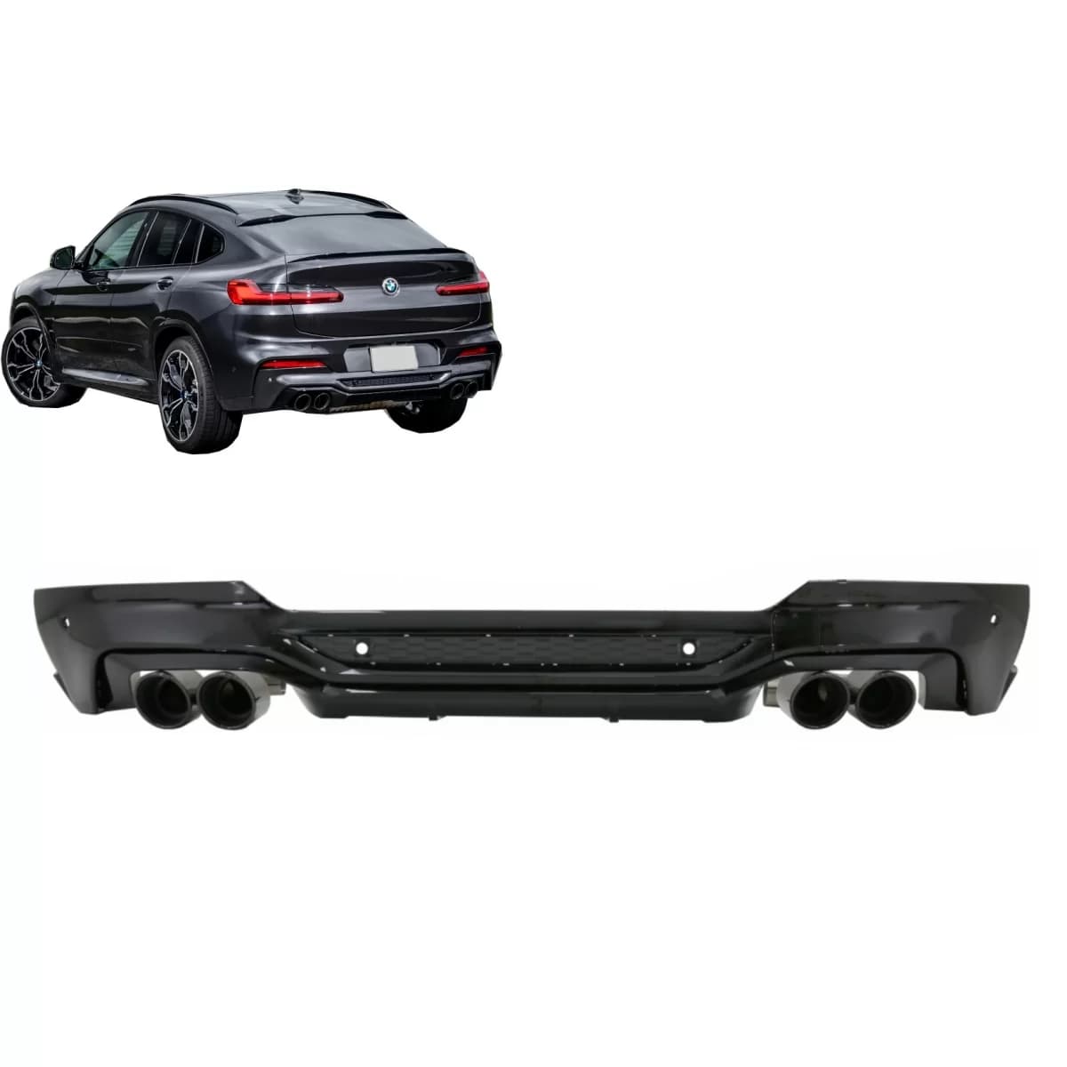 Rear Bumper Spoiler Valance Diffuser Double Outlet with Exhaust Tips suitable for BMW X4 G02 (2018-up) M Sport