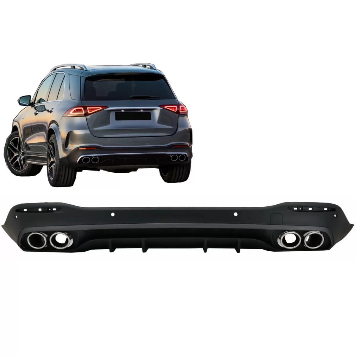 Rear Diffuser with Silver Exhaust Muffler Tips suitable for Mercedes GLE W167 SUV V167 Sport Line (2019-Up) GLE53 Design