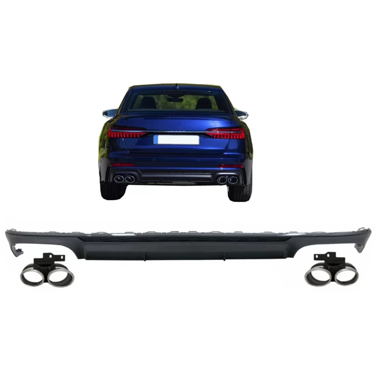 Rear Bumper Valance Diffuser with Exhaust Tips suitable for Audi A6 C8 4K Avant Sedan (2018-up) S6 Design Matte Black