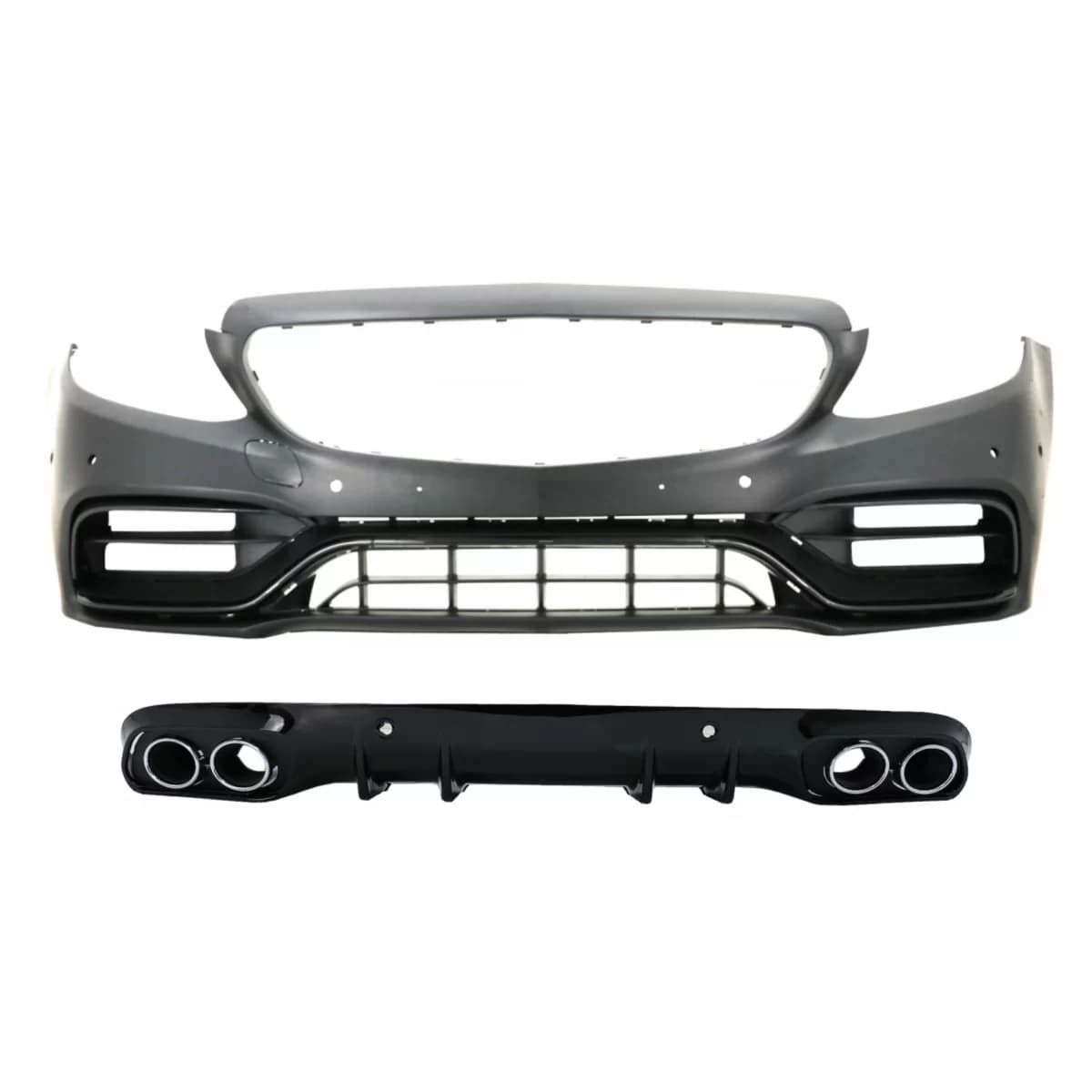 Front Bumper with Diffuser Double Outlet with Exhaust Tips suitable for Mercedes C-Class A205 C205 Coupe Cabriolet (2014-2019) C63 Design