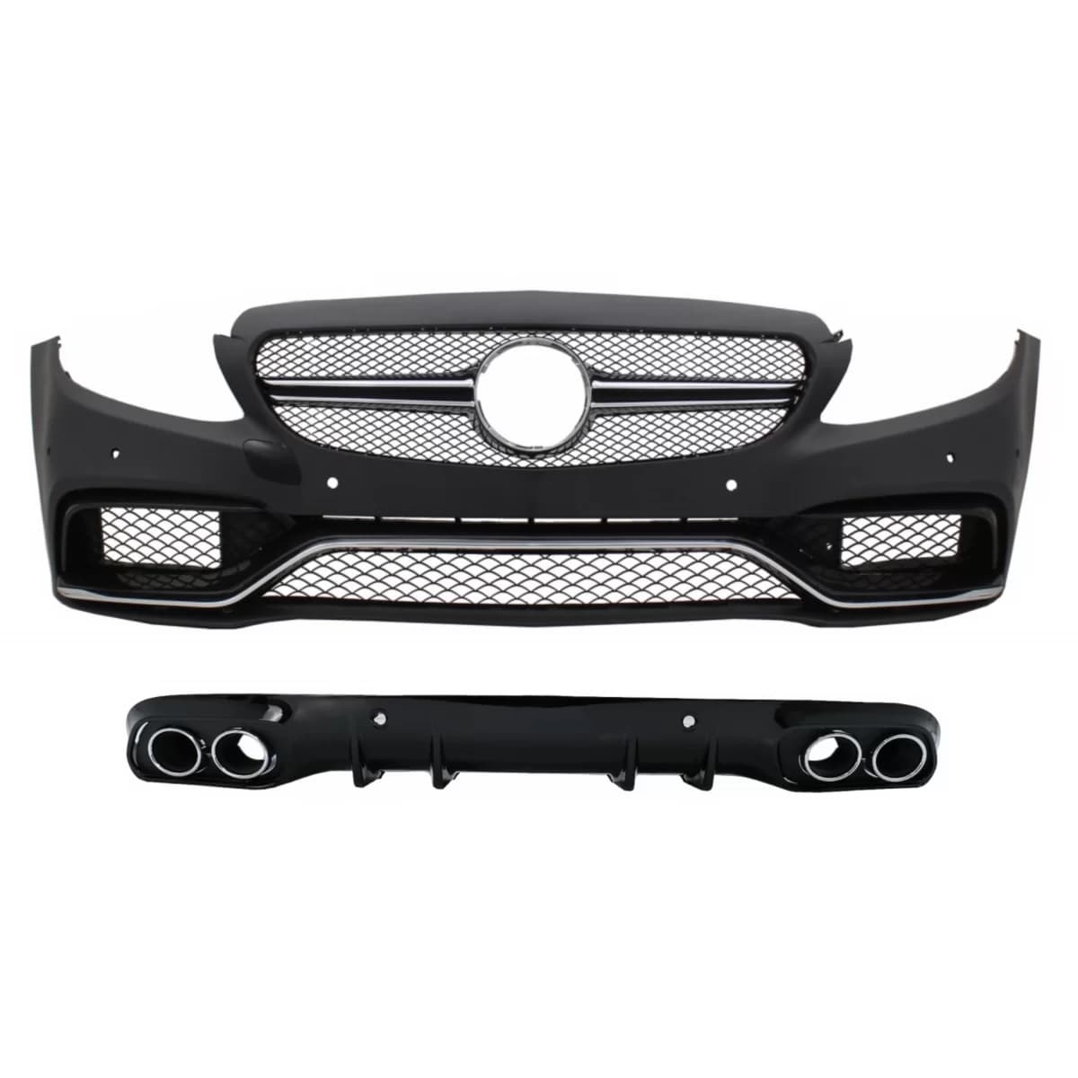 Front Bumper with Diffuser Double Outlet and Exhaust Tips suitable for Mercedes C-Class C205 Coupe A205 Cabriolet (2014-2019) C63 Design
