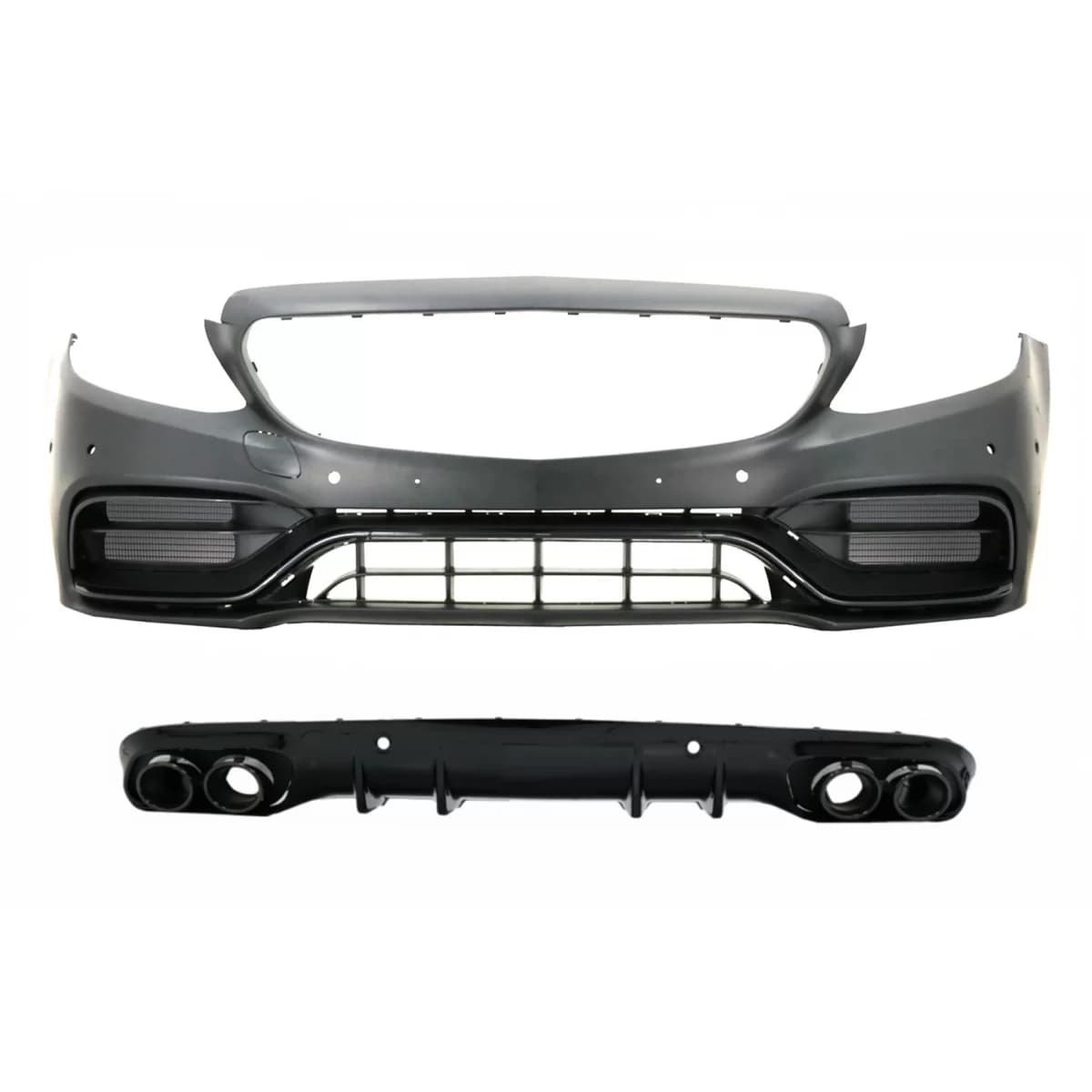 Front Bumper with Diffuser Double Outlet and Exhaust Tips suitable for Mercedes C-Class A205 Cabriolet C205 Coupe (2014-2019) C63 Design Piano Black