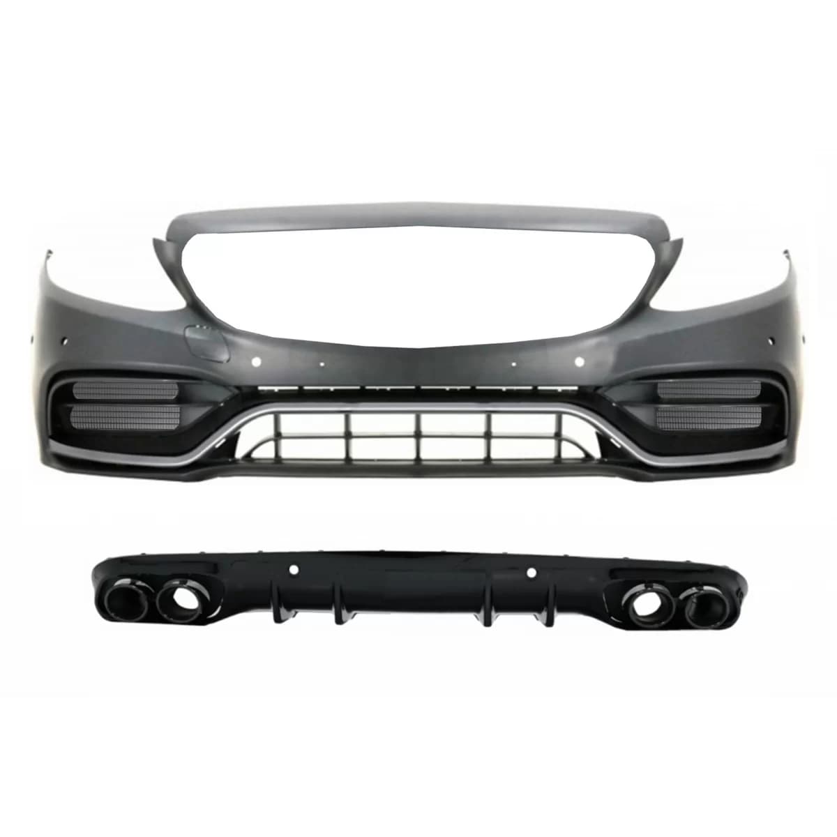 Front Bumper with Diffuser Double Outlet and Exhaust Tips suitable for Mercedes C-Class A205 Cabriolet C205 Coupe (2014-2019) Facelift Design