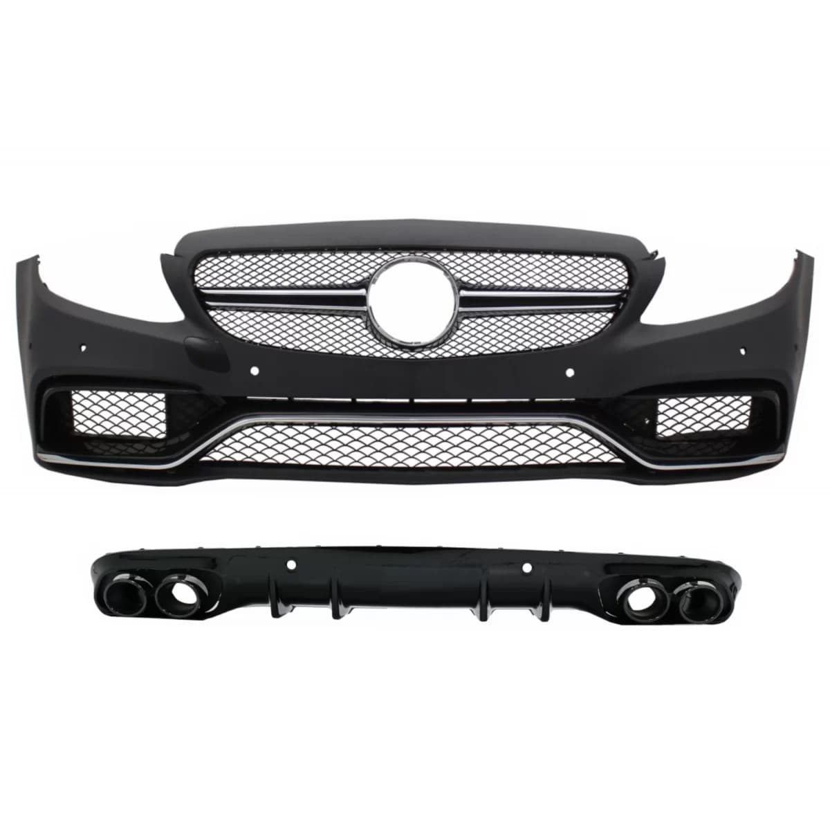 Front Bumper with Diffuser Double Outlet and Exhaust Tips suitable for Mercedes C-Class C205 Coupe A205 Cabriolet (2014-2019) C63 Design