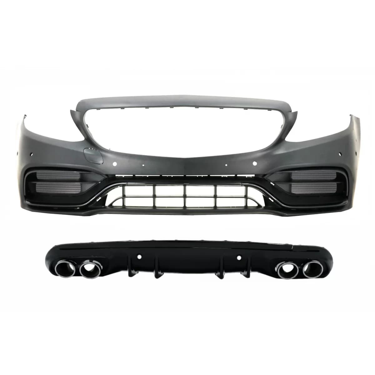 Front Bumper with Diffuser and Exhaust Muffler Tips suitable for Mercedes C-Class W205 Sedan S205 Estate AMG Sport Line (2014-2020) C63 Design