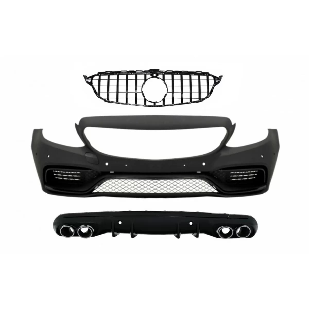 Front Bumper suitable for Mercedes C-Class W205 S205 AMG Sport Line (2014-2018) with Grille and Diffuser Muffler Tips Chrome C63 Design