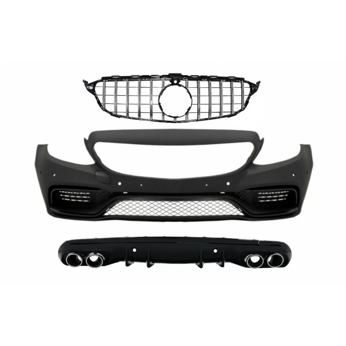 Front Bumper suitable for Mercedes C-Class W205 S205 (2014-2018) Central Grille with Rear Diffuser and Exhaust Muffler Tips C63 Design