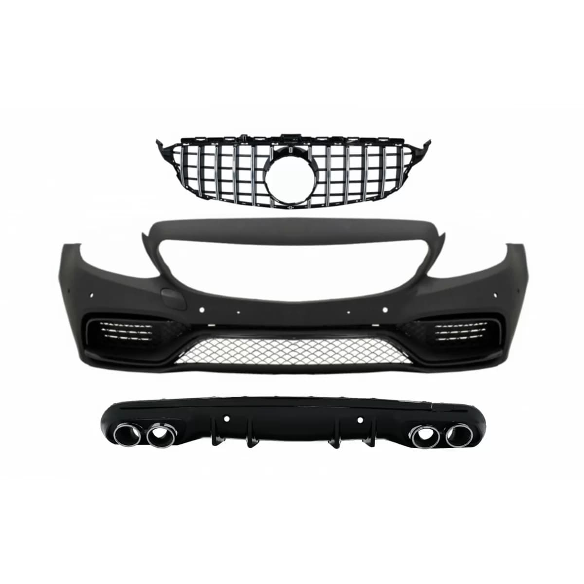Front Bumper with Grille Chrome Without Camera and Diffuser with Exhaust Muffler Tips suitable for Mercedes C-Class W205 S205 (2014-2018) C63 Design