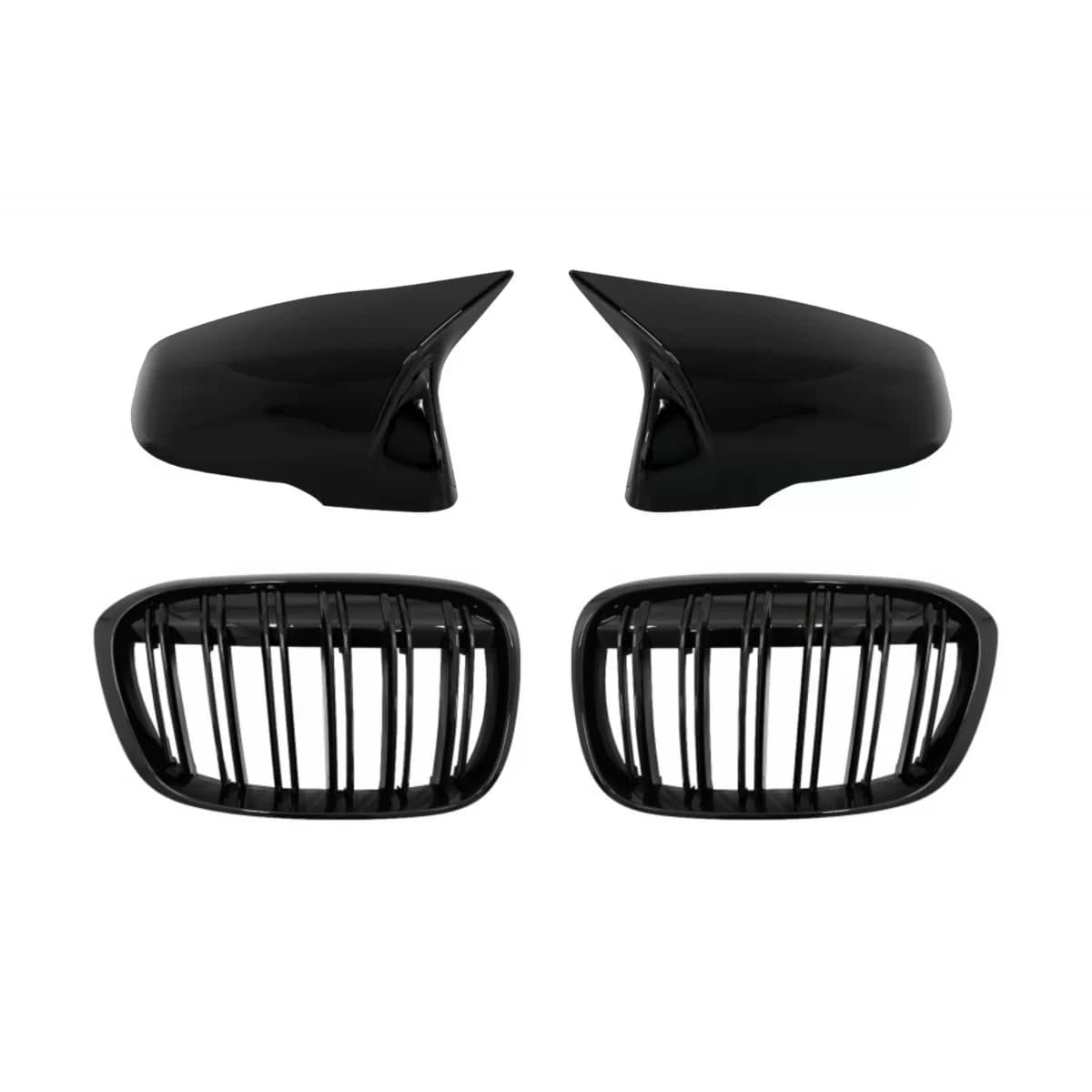 Mirror Covers with Central Kidney Grilles Double Stripe suitable for BMW X1 F48 Pre LCI (06.2015-2019) Piano Black M Design