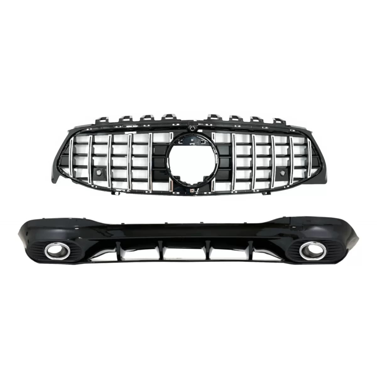 Rear Diffuser and Exhaust Tips with Front Grille suitable for Mercedes CLA X118 Shooting Brake C118 Coupe Sport Line (2019-05.2023) CLA35 GT-R Design