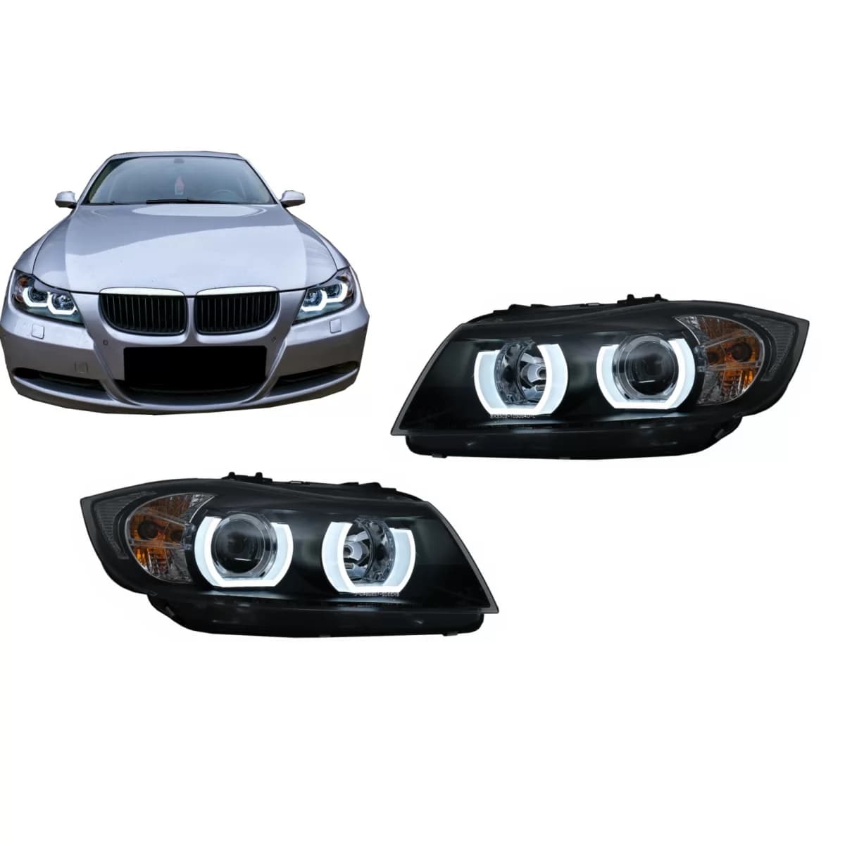 U-LED 3D Headlights Halogen suitable for BMW 3 Series E90 Limousine E91 Touring (03.2005-08.2008) LHD Black