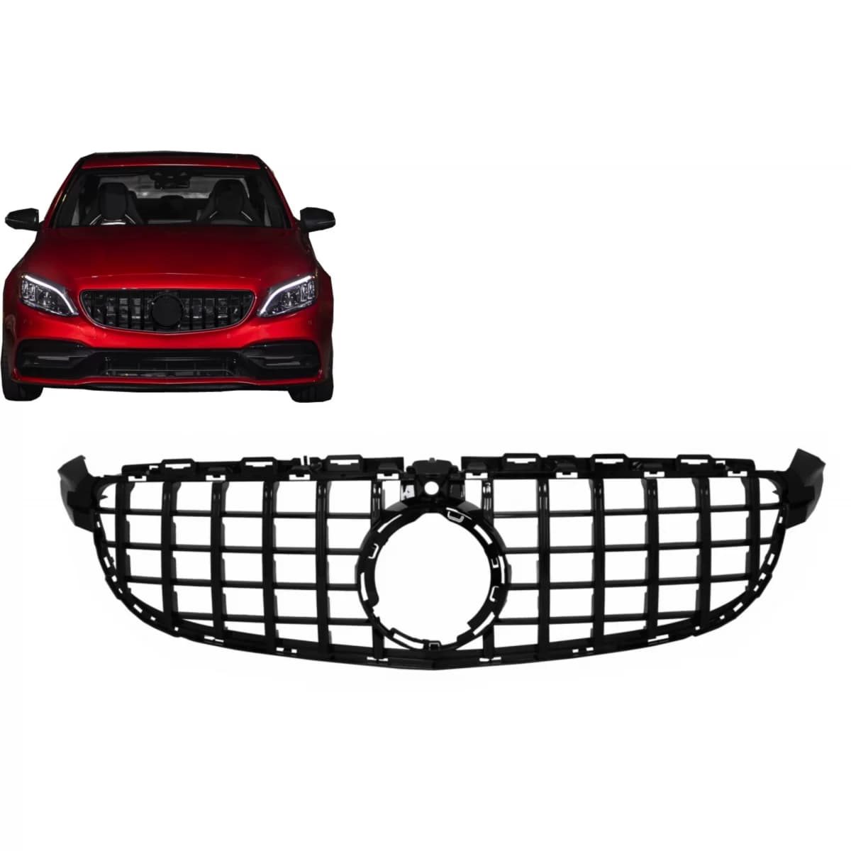 Front Grille suitable for Mercedes C-Class C63 W205 Sedan S205 T-Modell A205 Cabriolet C205 Coupe (03.2018-2020) with camera All Black