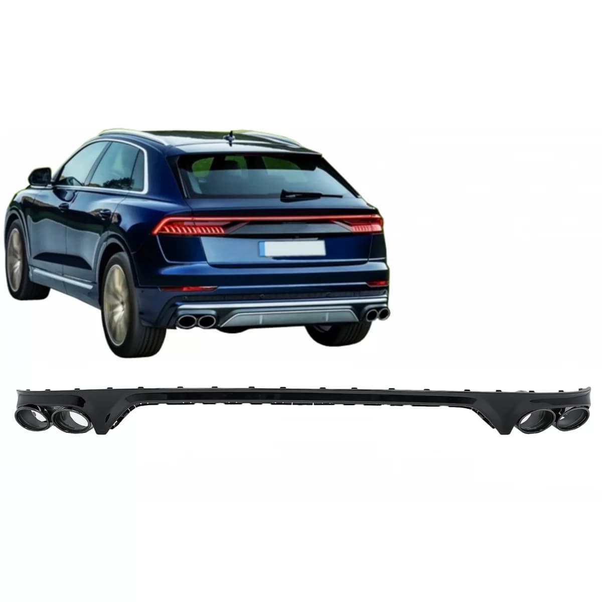 Rear Bumper Spoiler Valance Diffuser Double Outlet suitable for Audi Q8 S-Line (2018-2023) Black Tips