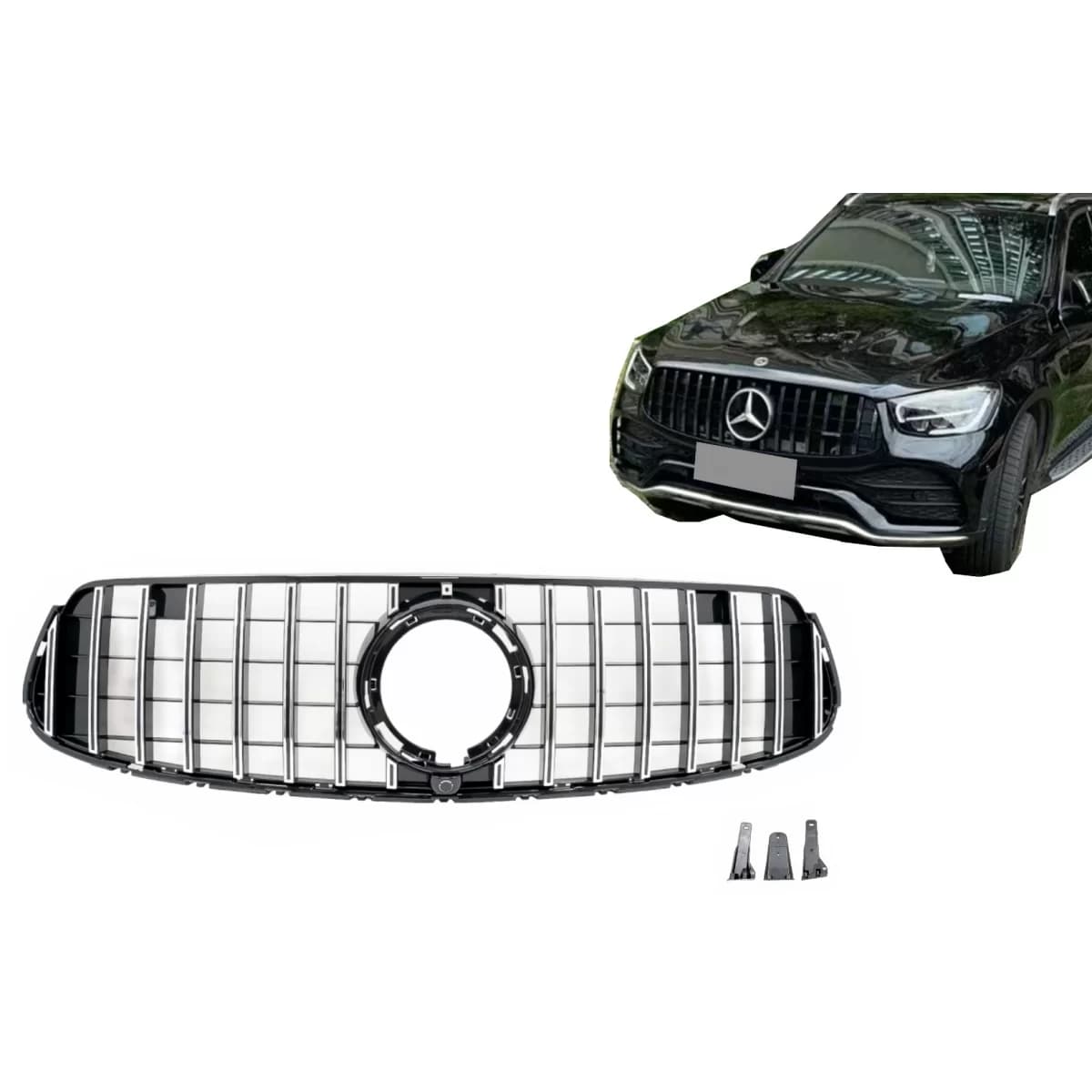 Front Central Grille suitable for Mercedes GLC X253 C253 Facelift (2020-2021) GTR Panamericana Design Black Chrome