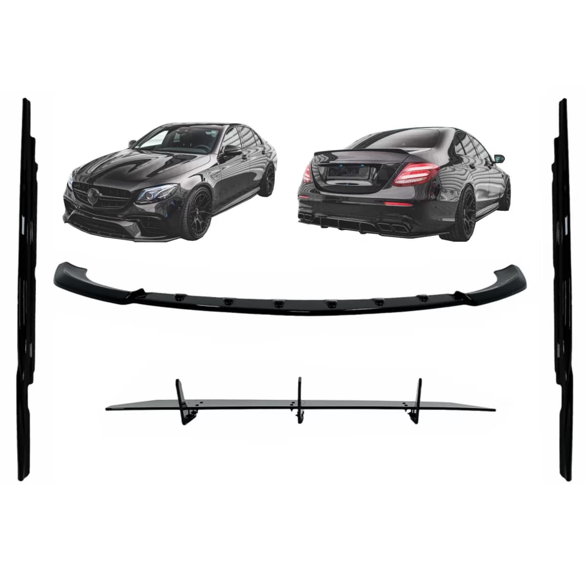 Aero Body Kit Front Bumper Lip Diffuser and Side Skirts Extensions suitable for Mercedes E-Class E63 W213 S213 (2016-2019) Piano Black