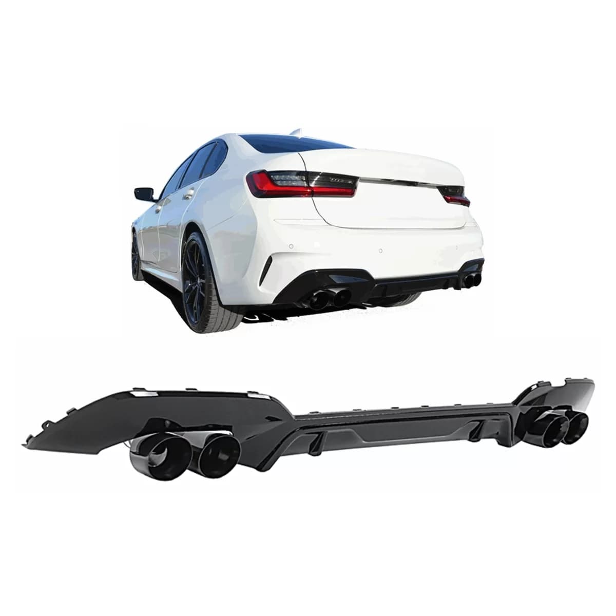 Rear Bumper Diffuser with Exhaust Tips suitable for BMW 3 Series G20 G28 Sedan G21 Touring (2018-06.2022) Black