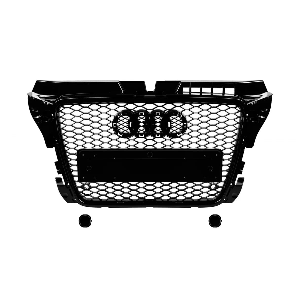 Black lacquer RS3 type grille suitable for Audi A3 2008-2011 for models equipped with standard bumper, with emblem base, with parking sensor openings