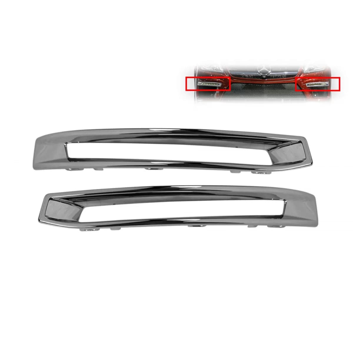 Chrome grille trim set around daytime running lights suitable for A Design bumper on Mercedes GL X166 2012-2015, left and right