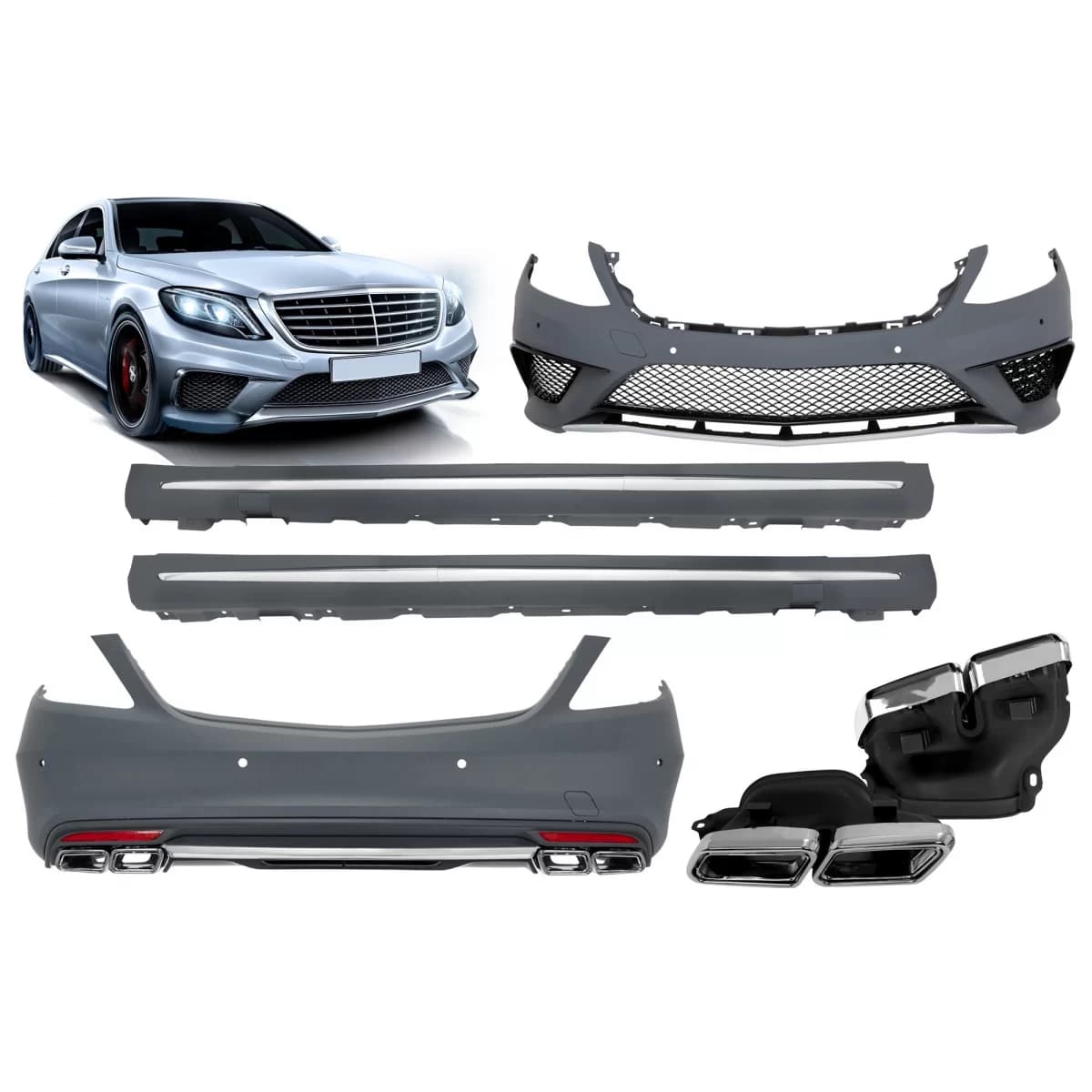 A Design package type S63 suitable for Mercedes S-Class W222 2013-2017, with side skirts for long wheelbase