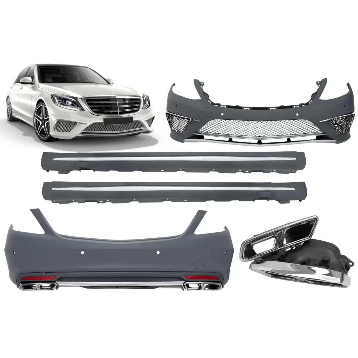 A Design package type S65 suitable for Mercedes S-Class W222 2013-2017, with long base side skirts