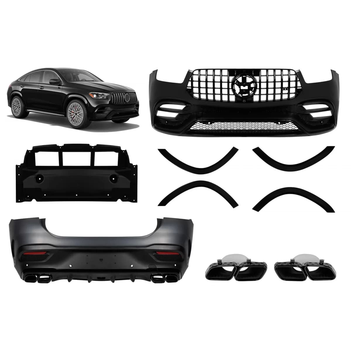 Tuning package suitable for Mercedes GLE Coupe C167 after 2019 with black trims, black grille, and black exhaust tips