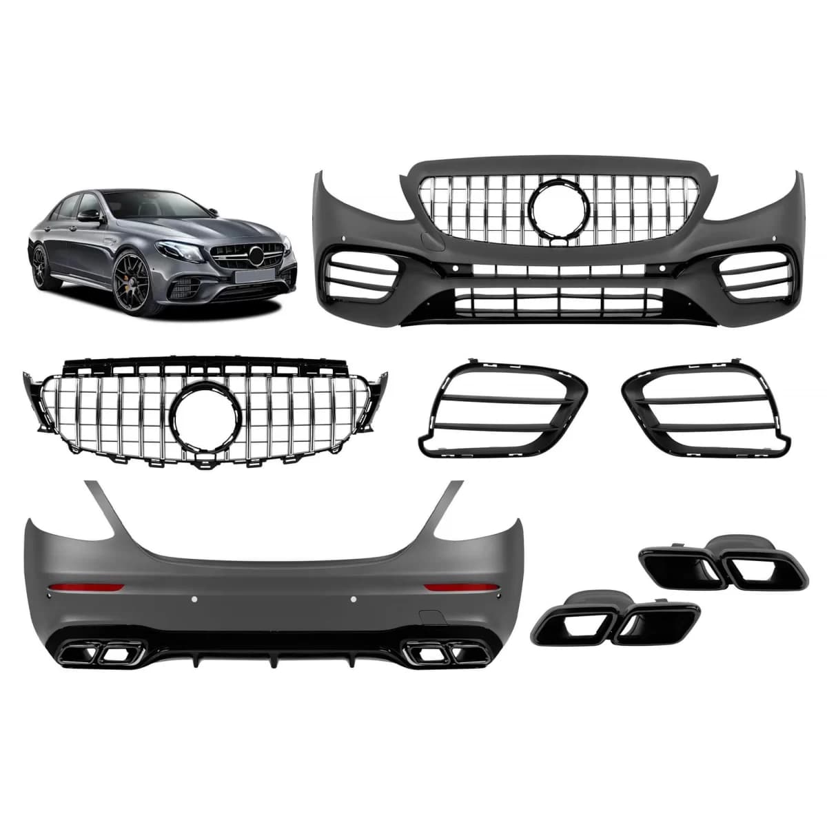 Tuning package type 63 A design with chrome/black GT grille suitable for Mercedes E-Class W213 2016-2019 with black trims