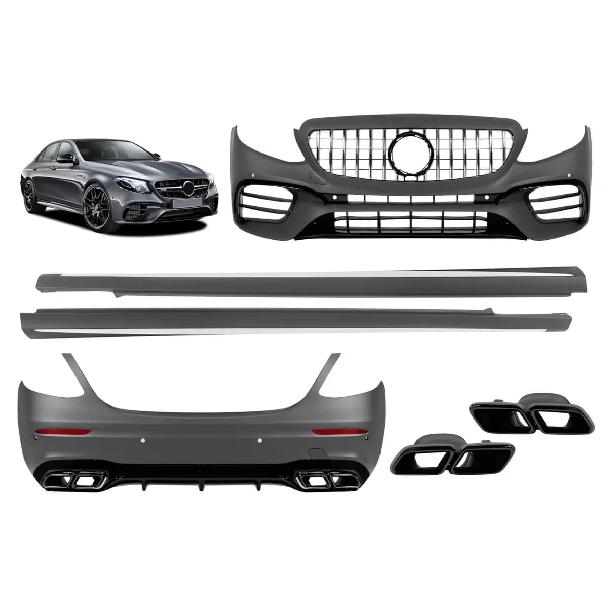 63 A design style tuning kit with chrome/black GT grille and side skirts suitable for Mercedes E-Class W213 2016-2019 with black strips