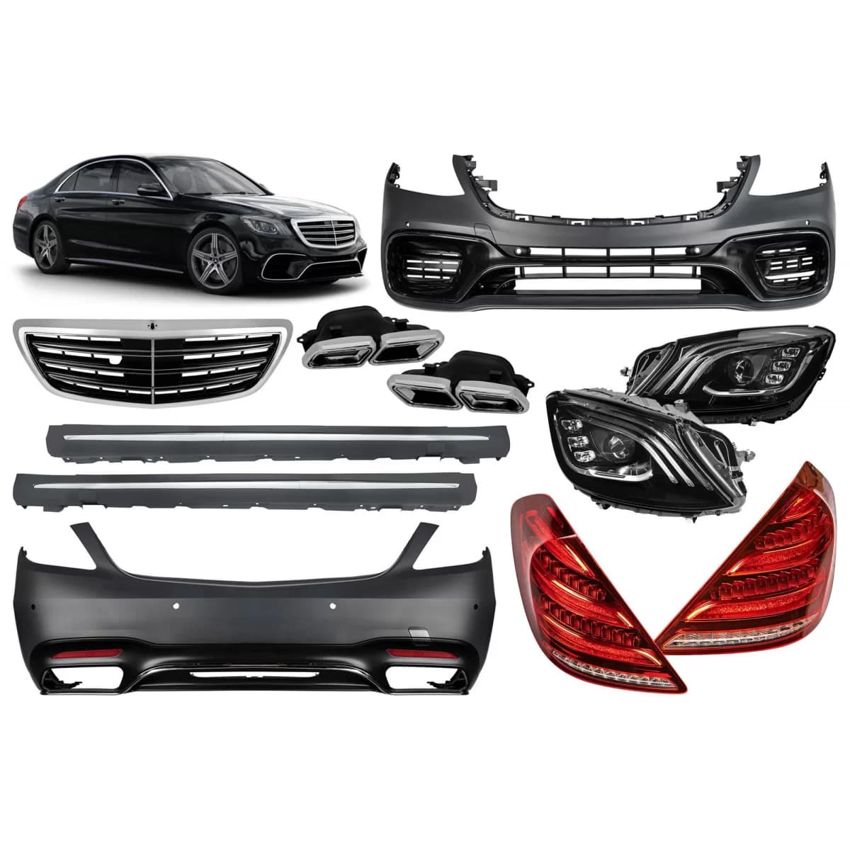 A Design package type S63 suitable for Mercedes S W222 2013-2017 with headlights, taillights, grille, side skirts for long wheelbase