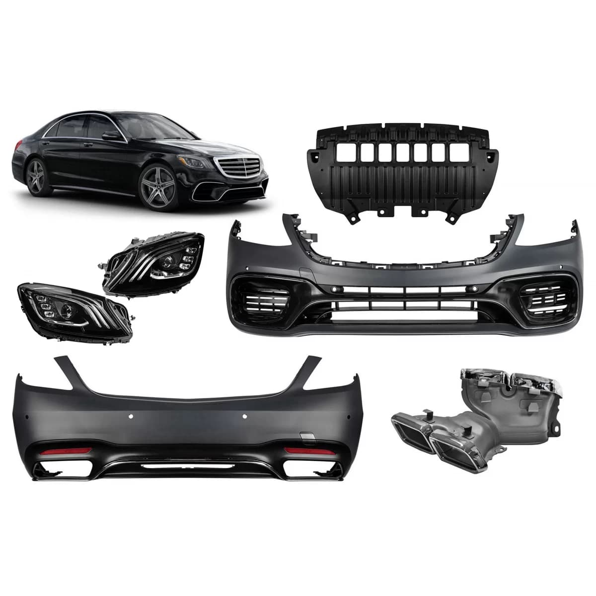 A Design package type S63 suitable for Mercedes S-Class W222 2017-2020 with LED headlights, without side skirts