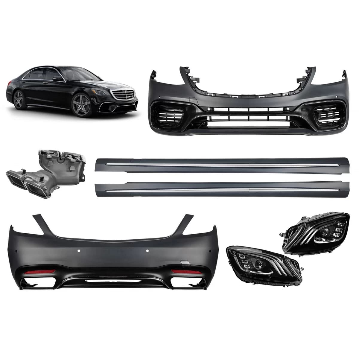 A Design package type S63 suitable for Mercedes S W222 2013-2017 with headlights, long base side skirts