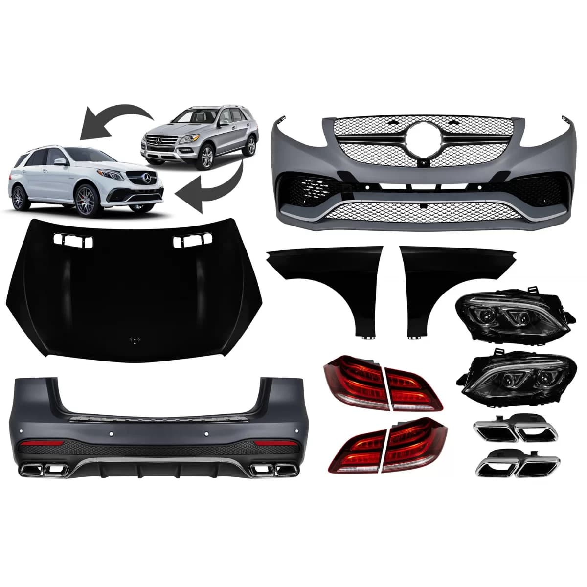 A Design package type GLE63 suitable for Mercedes ML W166 2011-2015 conversion to GLE W166, for the model with halogen headlights