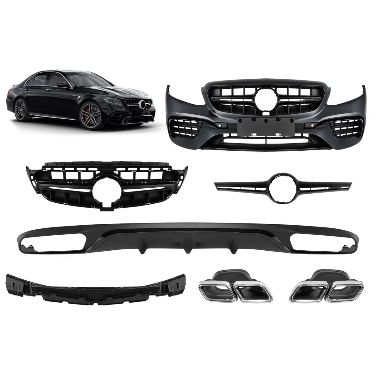 A Design package type E63 suitable for Mercedes E-Class W213 2016-2019 with chrome tips and black trim, for the model with standard rear bumper.