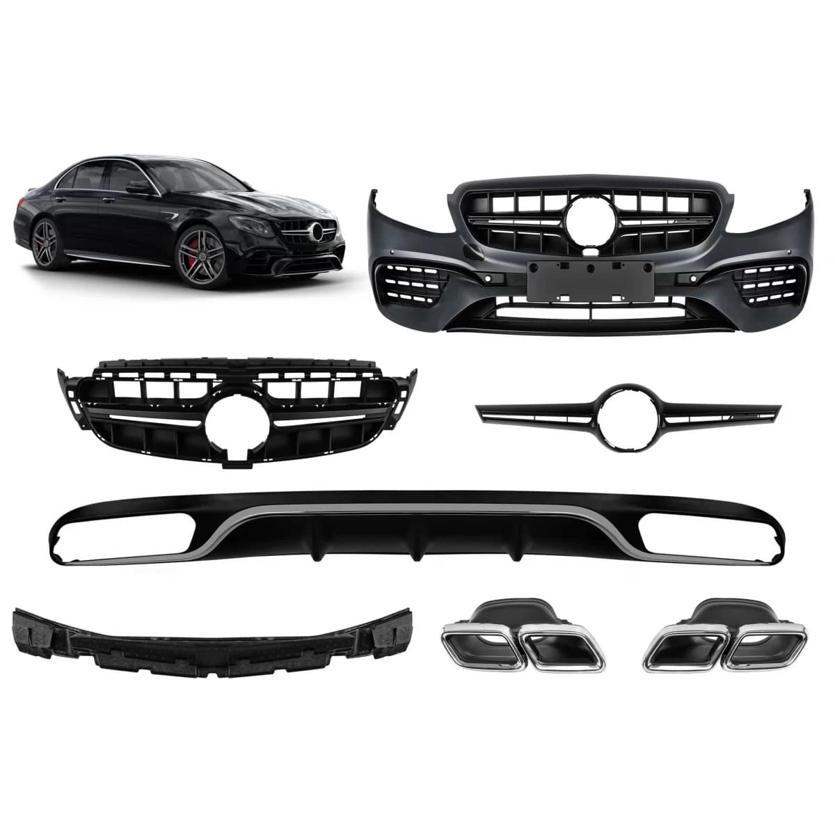A Design package type E63 suitable for Mercedes E-Class W213 2016-2019 with chrome tips and chrome trim, for the model with standard rear bumper.